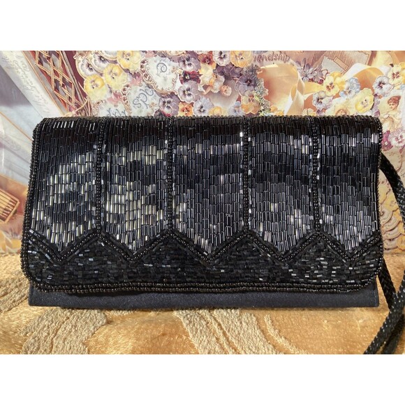 Vintage 80s Purse 1980s Black Beaded Art Deco Revival Prom Fancy Cocktail Bag - Picture 2 of 5